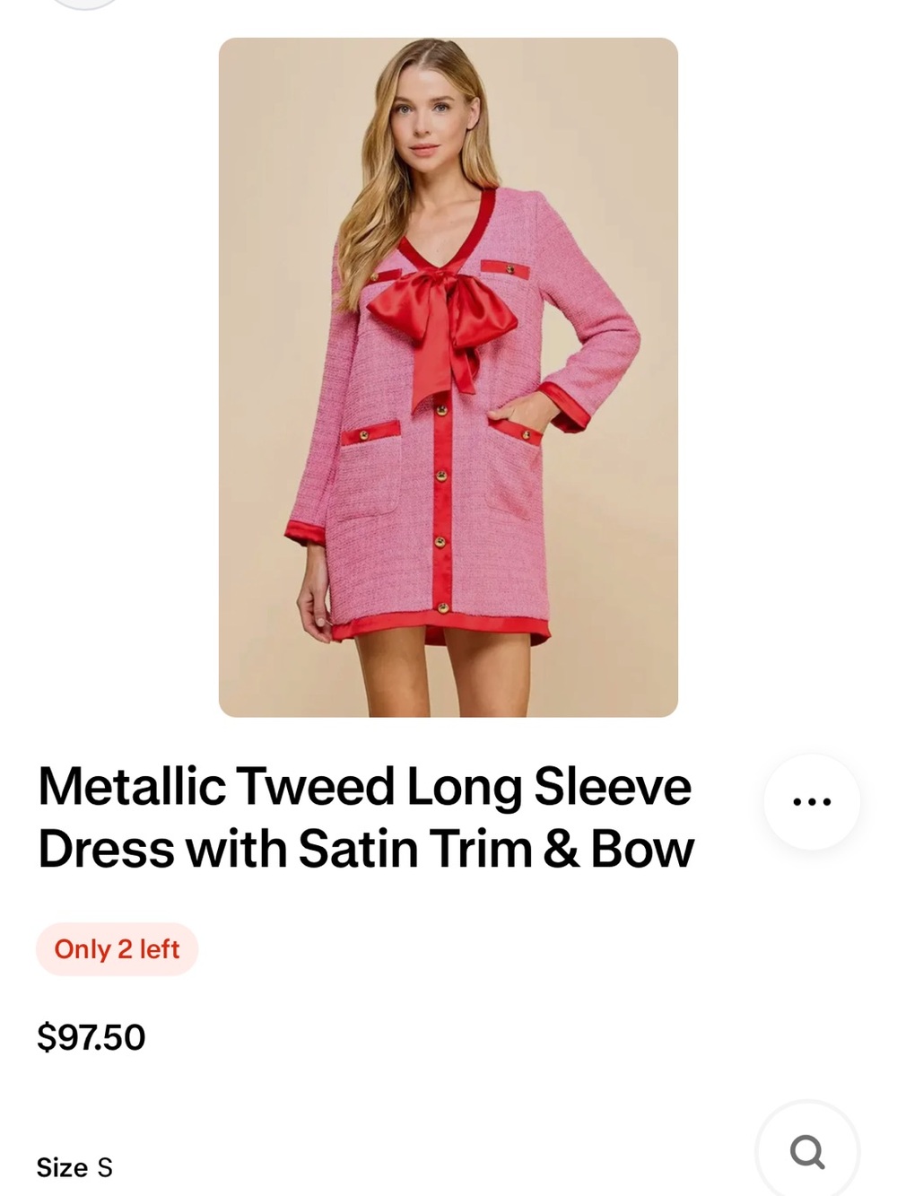TCEC Pink Tweed Long Sleeve Coat Dress with Red Satin Bow